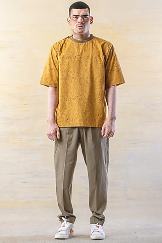 Mustard Hand Block Printed T-Shirt by JUNE20 CLOTHING