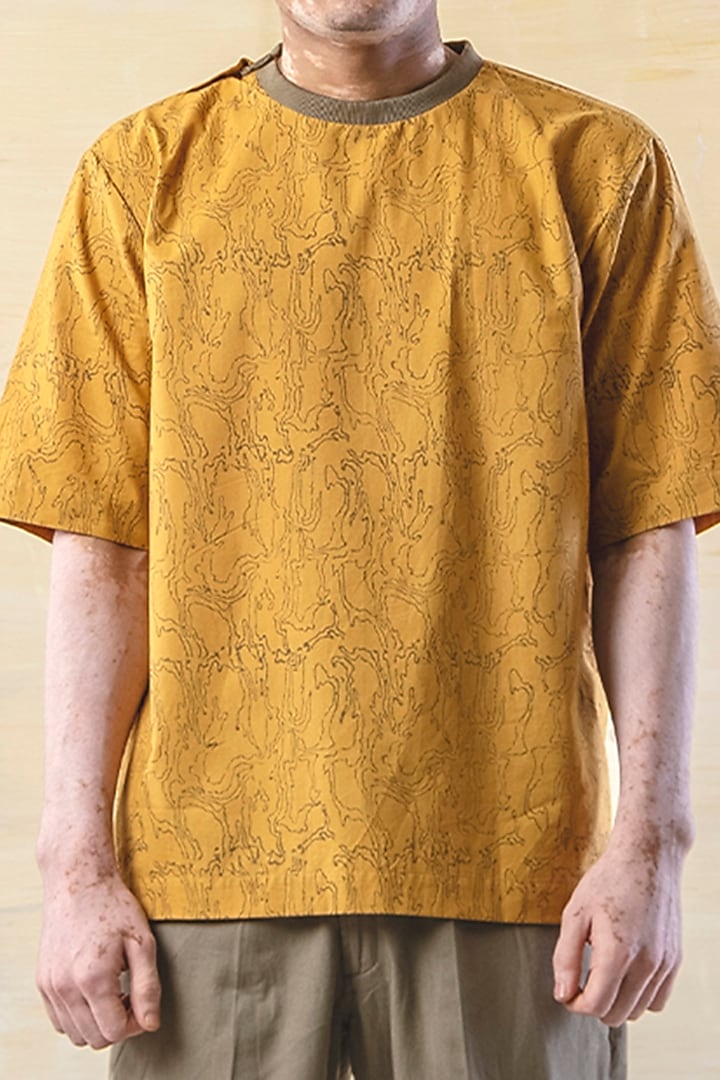 Mustard Hand Block Printed T-Shirt by JUNE20 CLOTHING at Pernia's Pop Up Shop