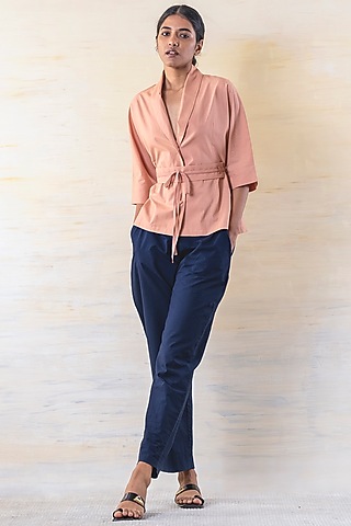 Pink & Navy Blue Cotton Pant Set by June 20