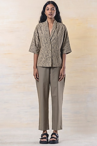 Olive Green Cotton Pant Set by June 20