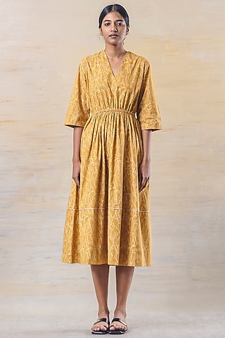 Mustard Hand Block Printed Dress by June 20