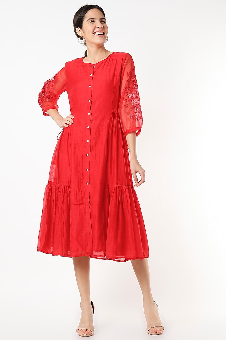 Red Embroidered Midi Dress by Juanita by Shubhda at Pernia's Pop Up Shop