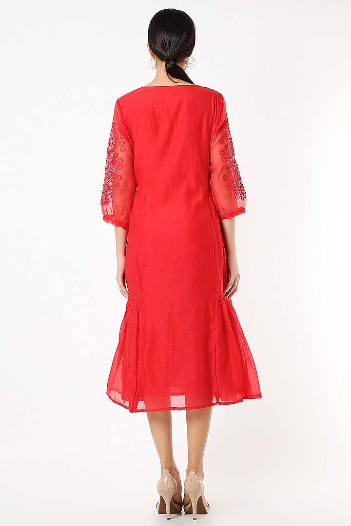 Red Embroidered Midi Summer Dress by Juanita by Shubhda at Pernia's Pop Up Shop