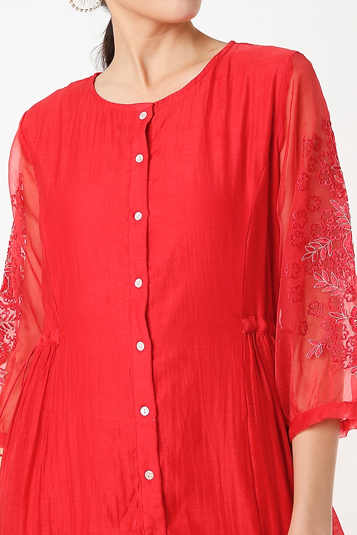 Red Embroidered Midi Summer Dress by Juanita by Shubhda at Pernia's Pop Up Shop
