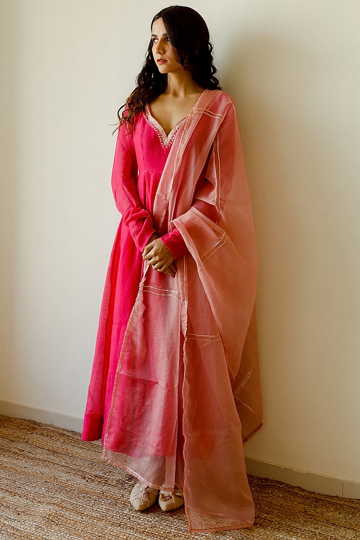 Pink Hand Embroidered Anarkali Set by Juanita Ensemble 