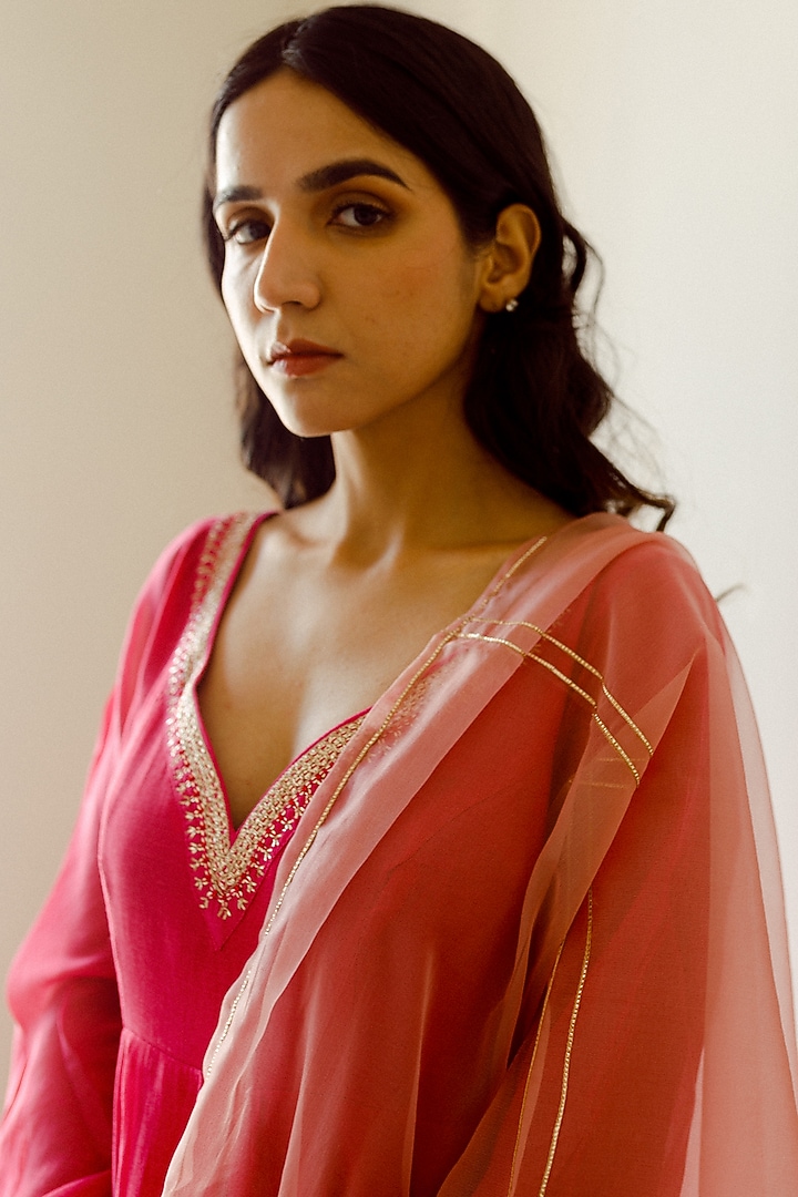 Pink Hand Embroidered Party Wear Anarkali Set by Juanita by Shubhda at Pernia's Pop Up Shop