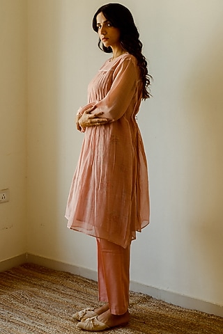 Old Rose Handwoven Chanderi Anarkali Dress by Juanita by Shubhda