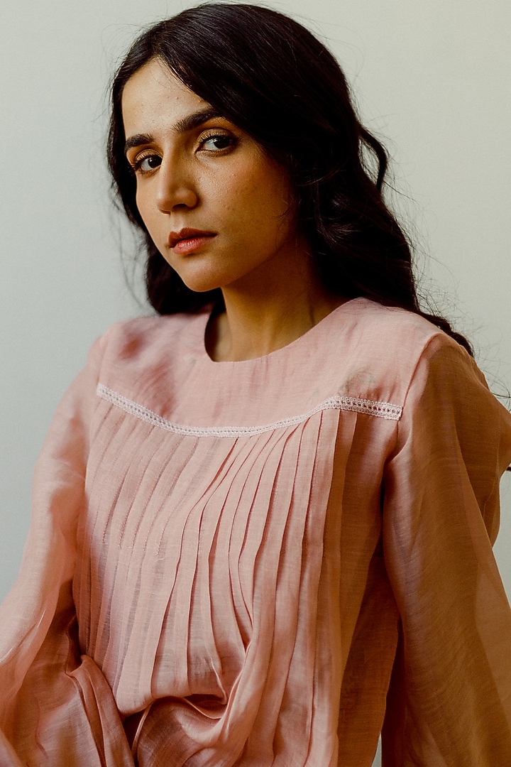 Old Rose Handwoven Chanderi Anarkali Dress by Juanita by Shubhda at Pernia's Pop Up Shop