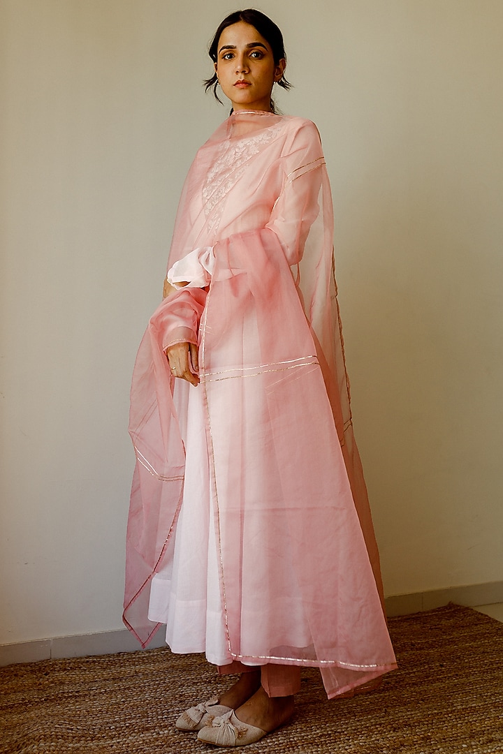 Light Salmon Pink Handwoven Chanderi Anarkali Set by Juanita by Shubhda