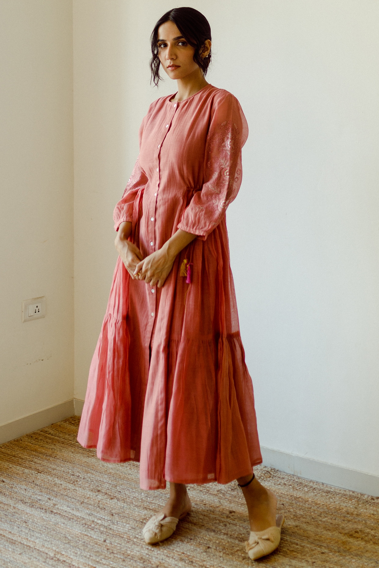 Juanita- Fabric ~Handwoven chanderi and handloom cotton- light peach