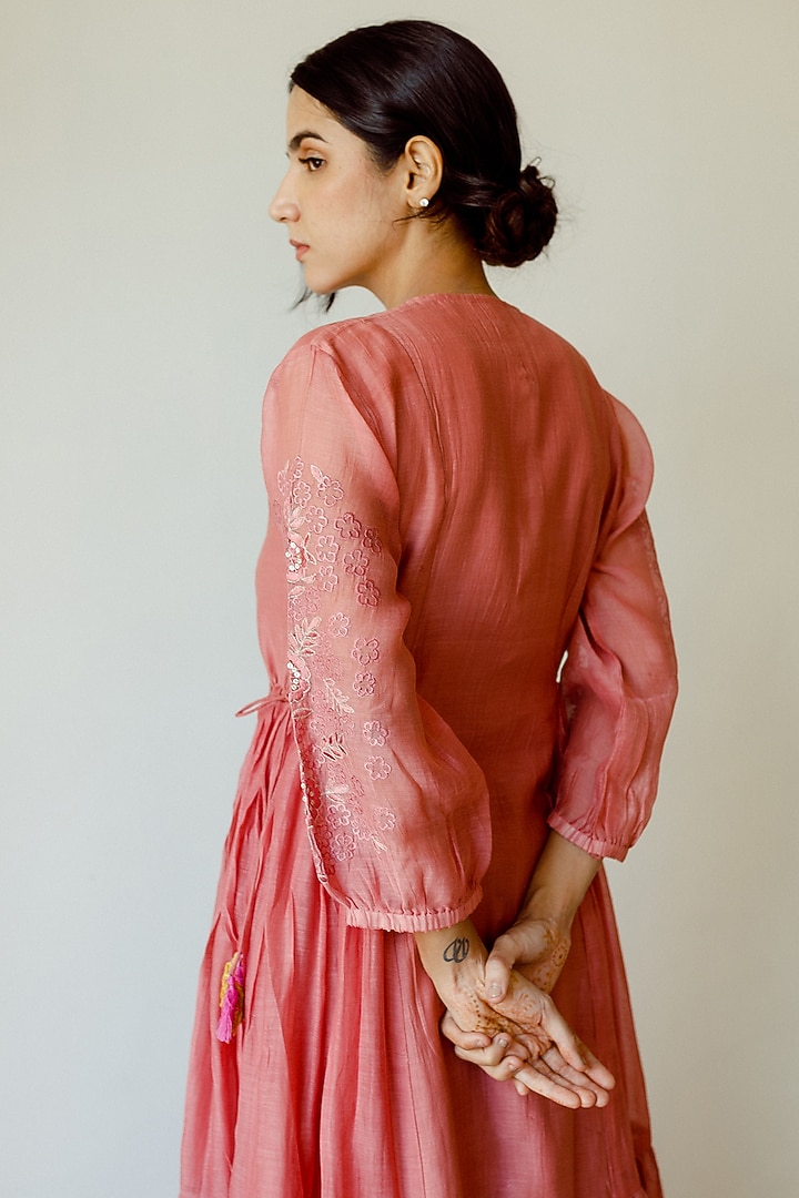 Juanita- Handwoven chanderi persian rose annarklai with embellishment of tonal dori embroidery
