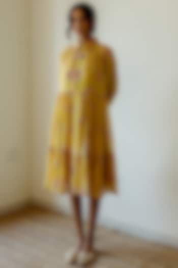 Ochre Yellow Chanderi Dress by Juanita Ensemble 