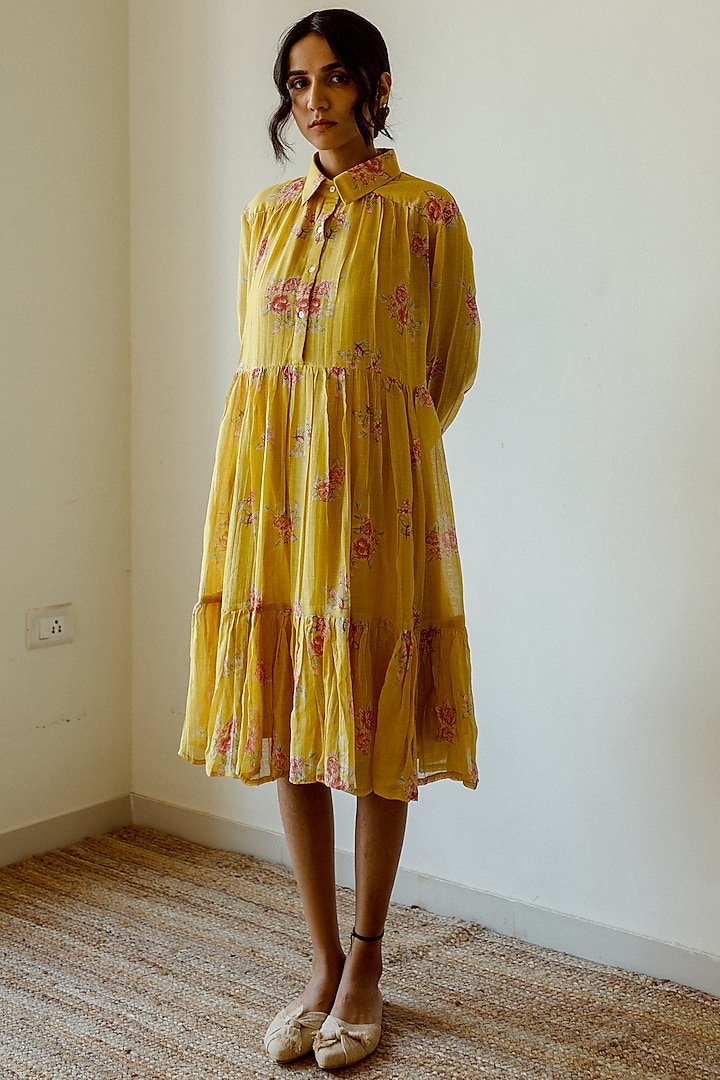 Ochre Yellow Chanderi Dress by Juanita Ensemble 