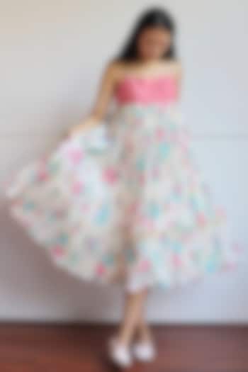 Ivory & Pink Handwoven Chanderi Floral Printed Summer Dress by Juanita by Shubhda at Pernia's Pop Up Shop