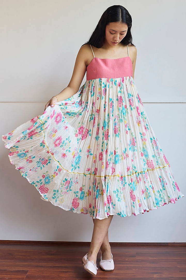 Ivory & Pink Handwoven Chanderi Floral Printed Summer Dress by Juanita by Shubhda at Pernia's Pop Up Shop