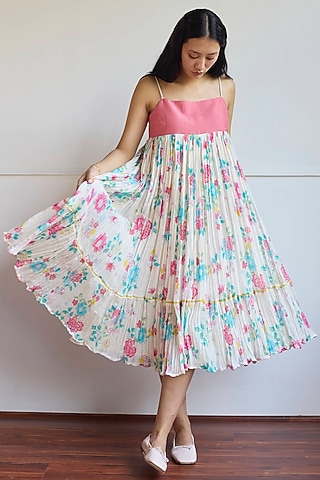 Ivory & Pink Handwoven Chanderi Floral Printed Dress by Juanita by Shubhda