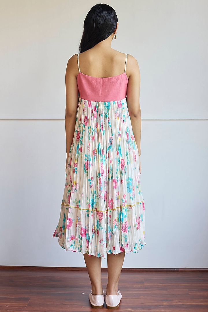 Ivory & Pink Handwoven Chanderi Floral Printed Summer Dress by Juanita by Shubhda at Pernia's Pop Up Shop