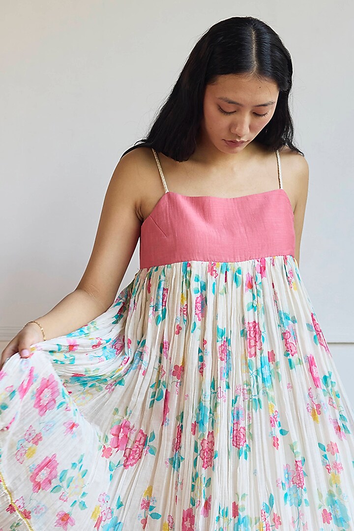 Ivory & Pink Handwoven Chanderi Floral Printed Summer Dress by Juanita by Shubhda at Pernia's Pop Up Shop