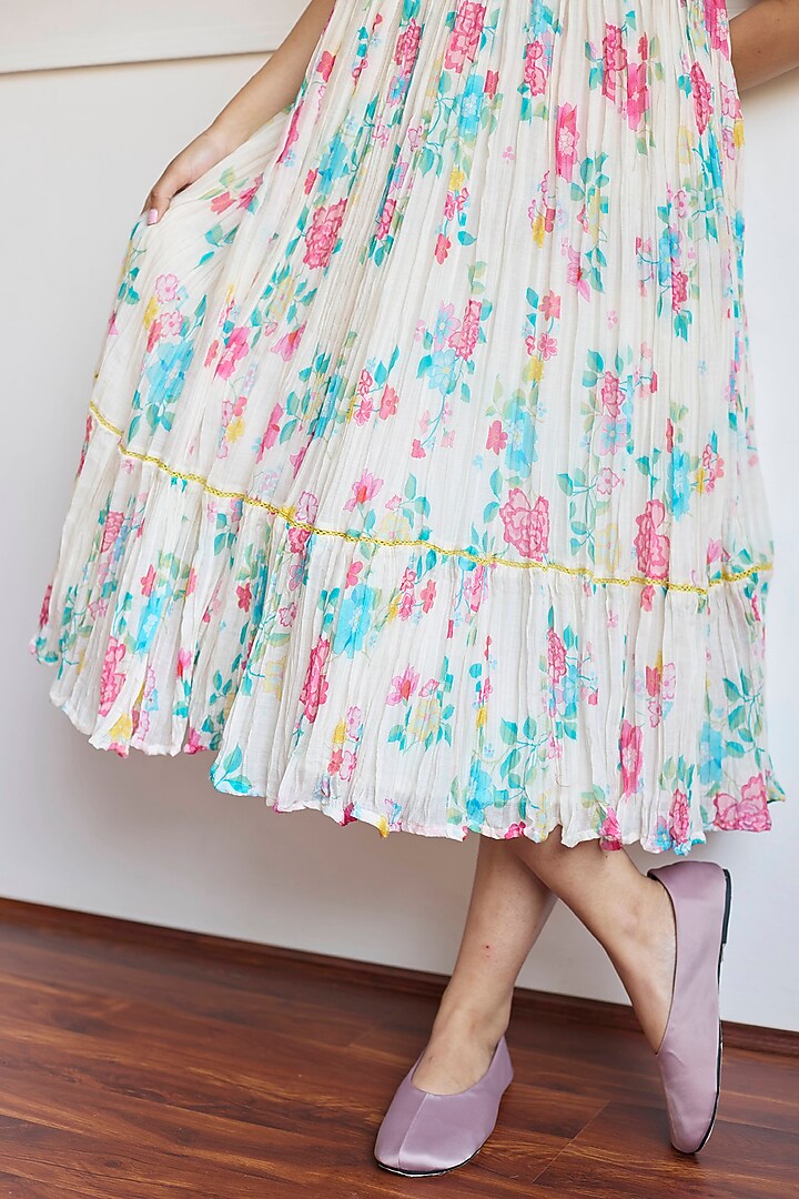 Ivory & Pink Handwoven Chanderi Floral Printed Summer Dress by Juanita by Shubhda at Pernia's Pop Up Shop