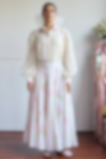 Ivory Cotton Floral Printed Godet Skirt by Juanita by Shubhda at Pernia's Pop Up Shop