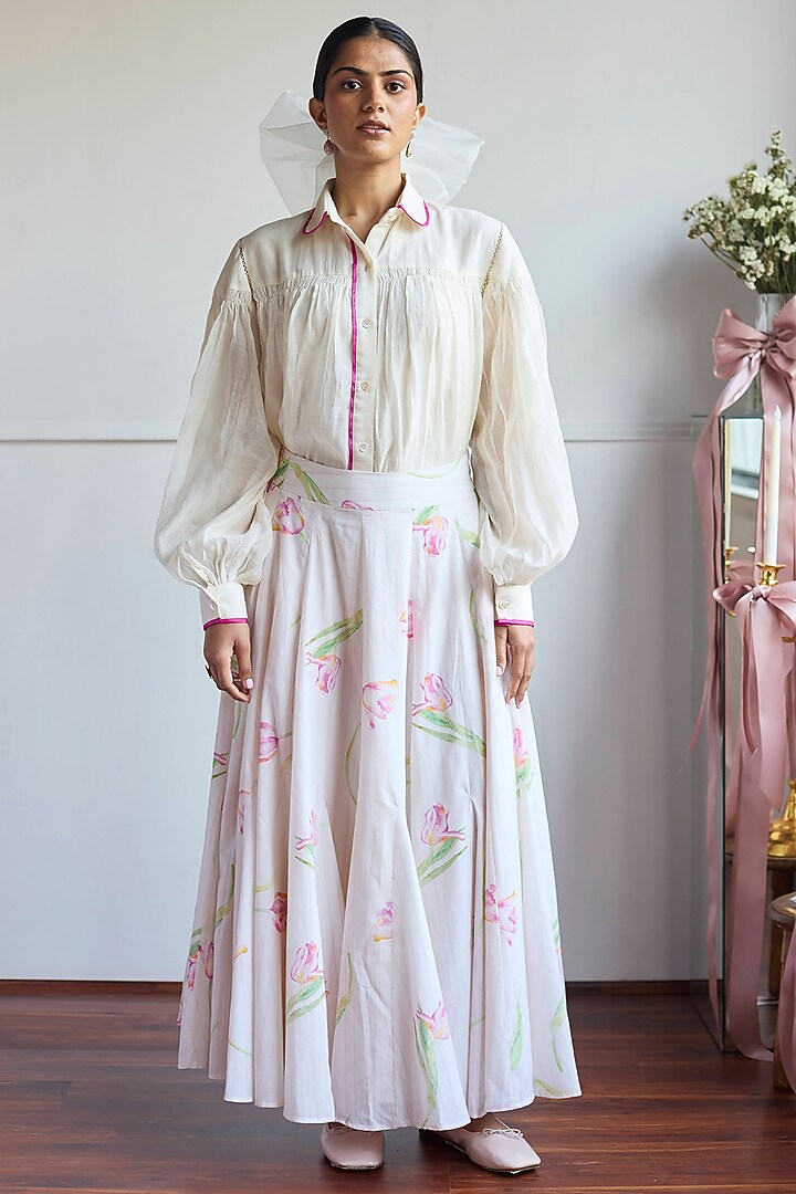 Ivory Cotton Floral Printed Godet Skirt by Juanita by Shubhda at Pernia's Pop Up Shop