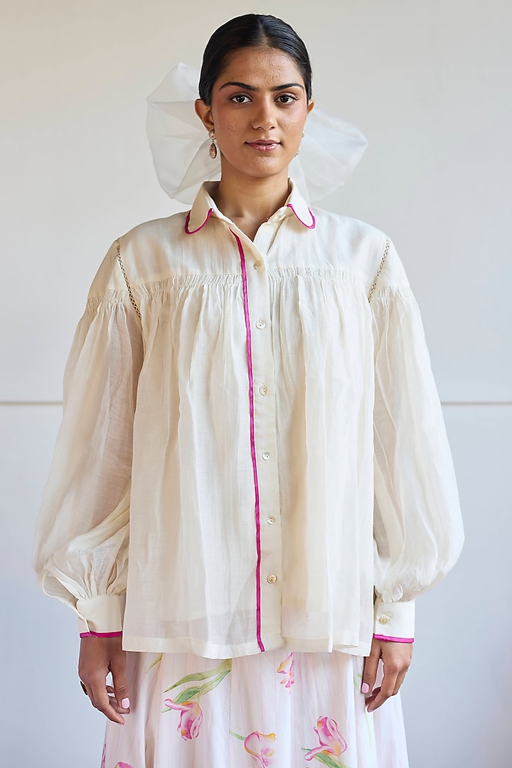 Ivory Handwoven Chanderi Shirt by Juanita by Shubhda at Pernia's Pop Up Shop