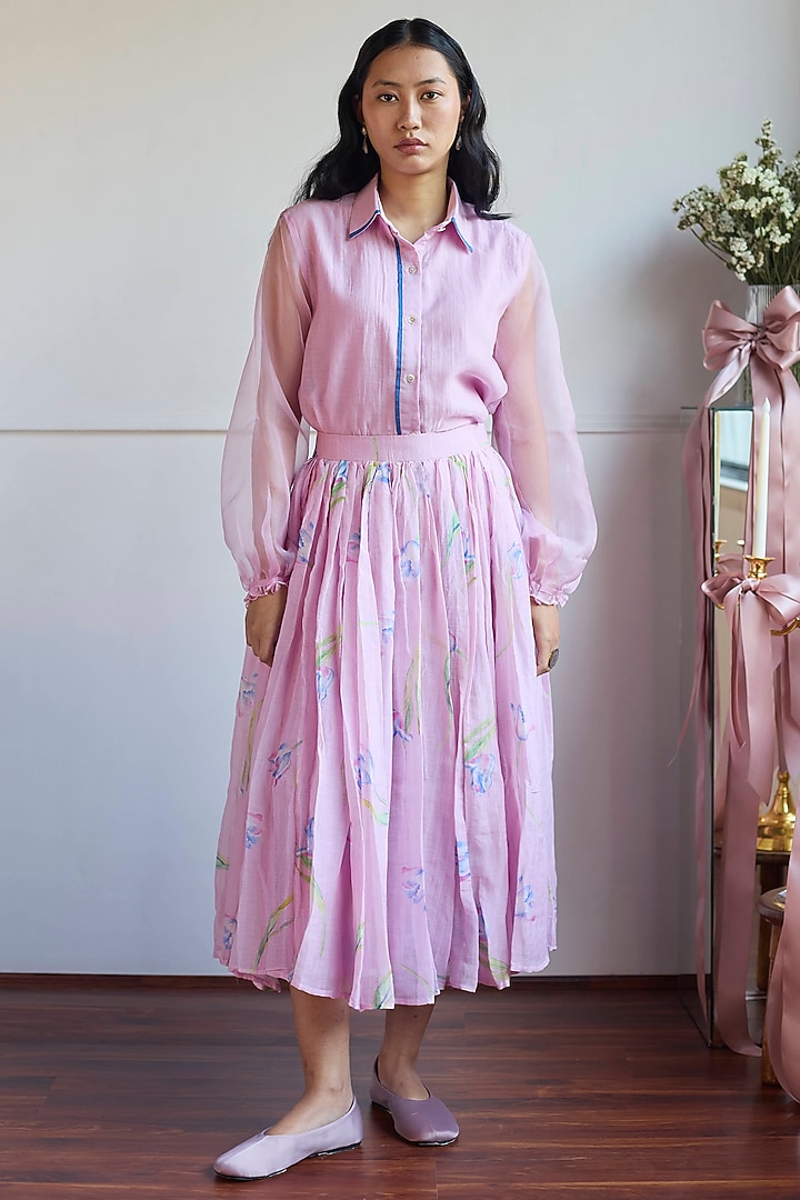 Lilac Handwoven Chanderi Tulip Floral Printed Skirt by Juanita by Shubhda at Pernia's Pop Up Shop