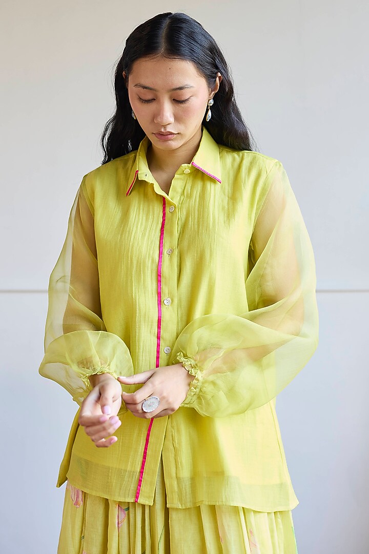 Lime Handwoven Chanderi Shirt by Juanita by Shubhda at Pernia's Pop Up Shop
