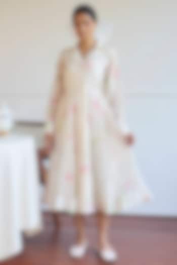 Ivory Handwoven Chanderi Tulip Printed Jacket Summer Dress by Juanita by Shubhda at Pernia's Pop Up Shop