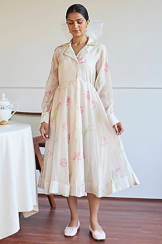 Ivory Handwoven Chanderi Tulip Printed Jacket Dress by Juanita by Shubhda