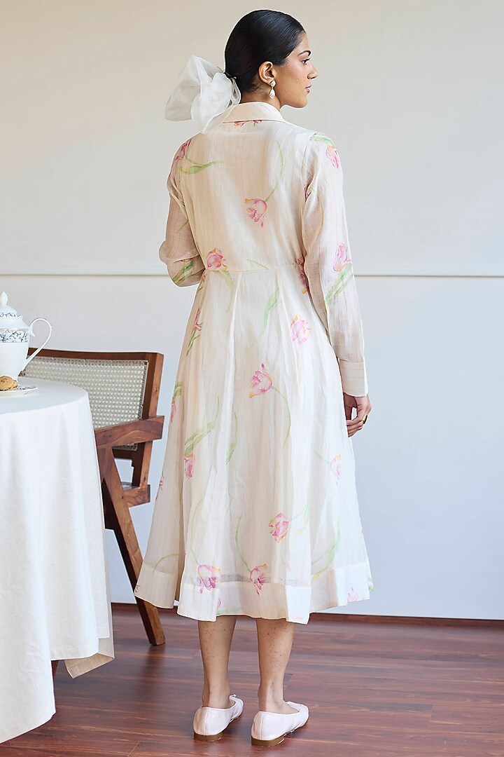 Ivory Handwoven Chanderi Tulip Printed Jacket Summer Dress by Juanita by Shubhda at Pernia's Pop Up Shop