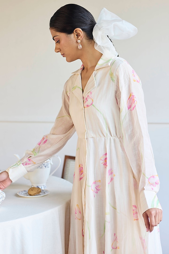 Ivory Handwoven Chanderi Tulip Printed Jacket Summer Dress by Juanita by Shubhda at Pernia's Pop Up Shop