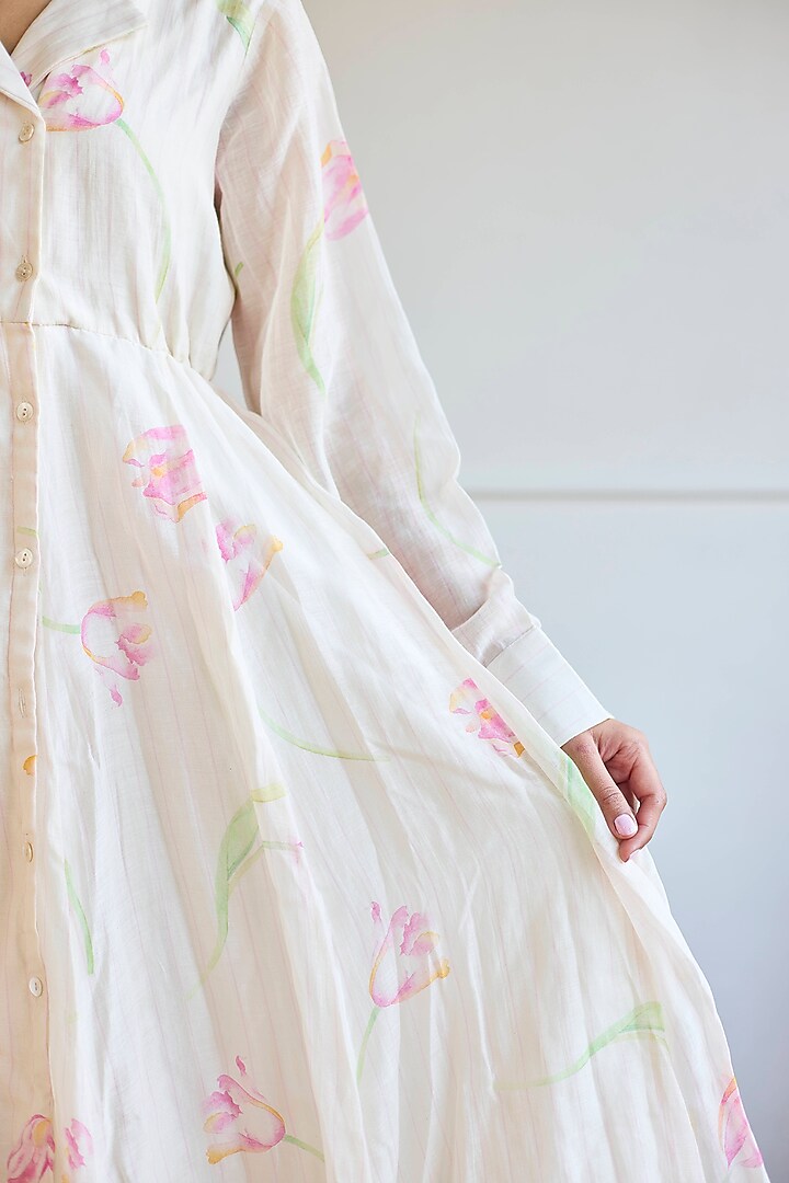 Ivory Handwoven Chanderi Tulip Printed Jacket Summer Dress by Juanita by Shubhda at Pernia's Pop Up Shop