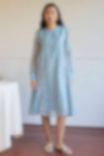 Powder Blue Handwoven Chanderi Floral Printed Summer Dress by Juanita by Shubhda at Pernia's Pop Up Shop