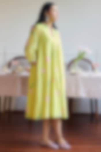Lime Handwoven Chanderi Tulip Printed Summer Dress by Juanita by Shubhda at Pernia's Pop Up Shop