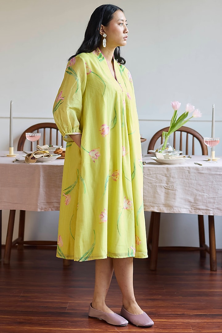 Lime Handwoven Chanderi Tulip Printed Summer Dress by Juanita by Shubhda at Pernia's Pop Up Shop
