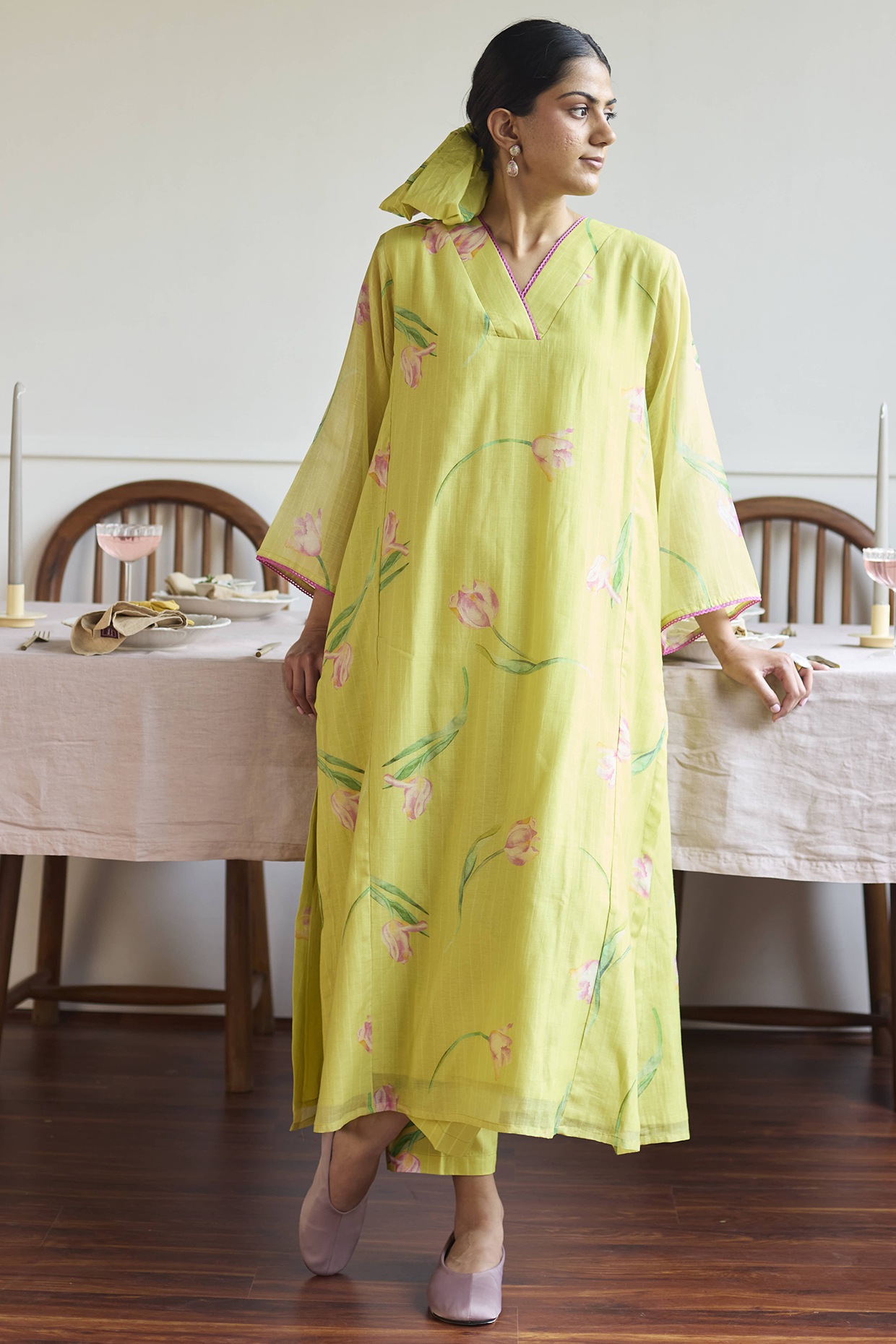 Lime Handwoven Chanderi Tulip Printed Co-Ord Set by Juanita by Shubhda at Pernia's Pop Up Shop