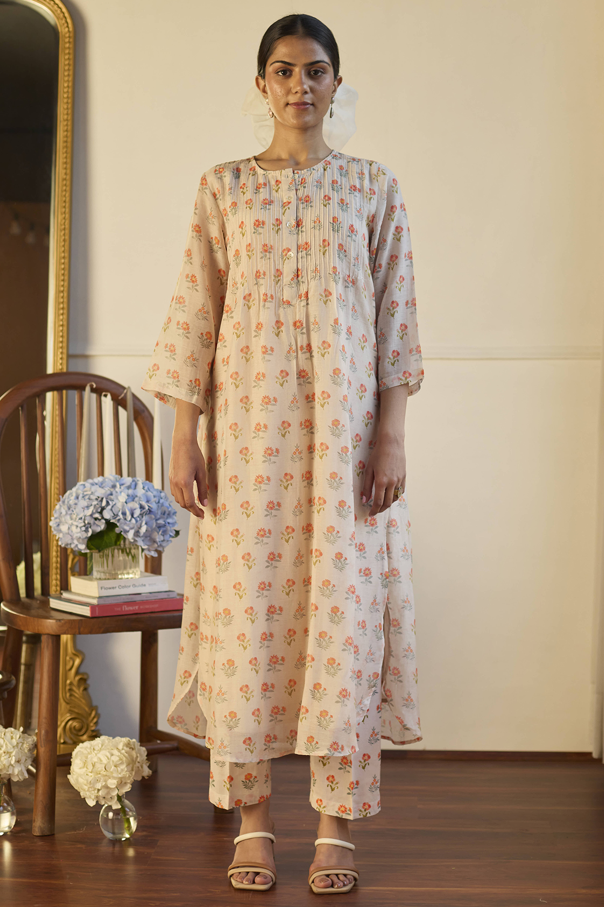 Taupe Handwoven Chanderi Pintuck Kurta Set by Juanita by Shubhda at Pernia's Pop Up Shop