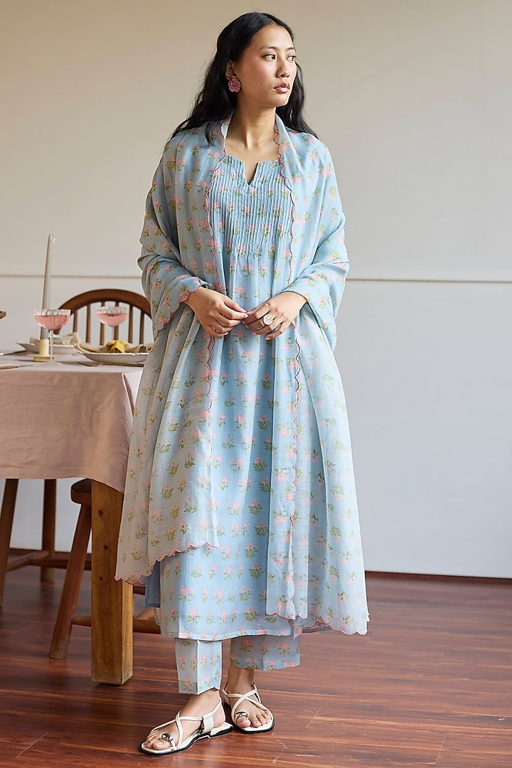 Powder Blue Handwoven Chanderi Pintuck Kurta Set by Juanita by Shubhda at Pernia's Pop Up Shop