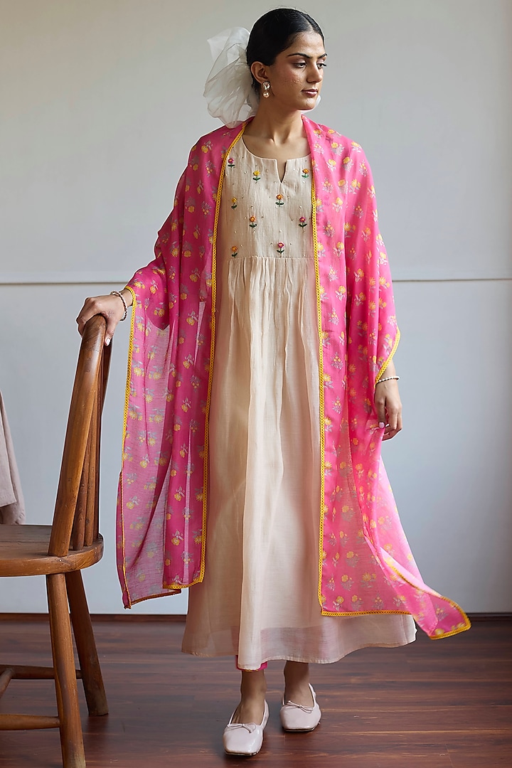 Taupe Handwoven Chanderi Pintuck Kurta Set by Juanita by Shubhda at Pernia's Pop Up Shop