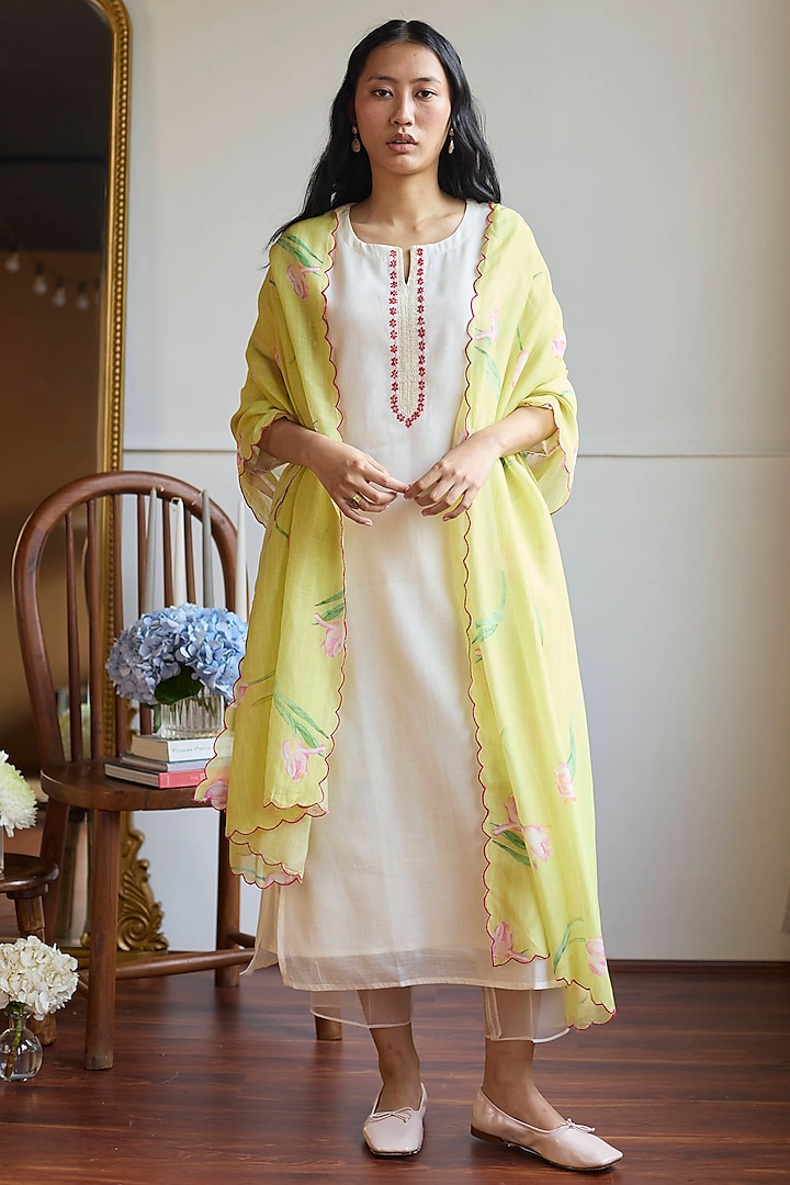 Ivory Handwoven Chanderi Resham Work Kurta Set by Juanita by Shubhda at Pernia's Pop Up Shop