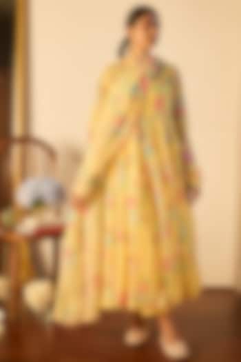 Lemon Yellow Handwoven Chanderi Floral Printed Party Wear Anarkali Set by Juanita by Shubhda at Pernia's Pop Up Shop