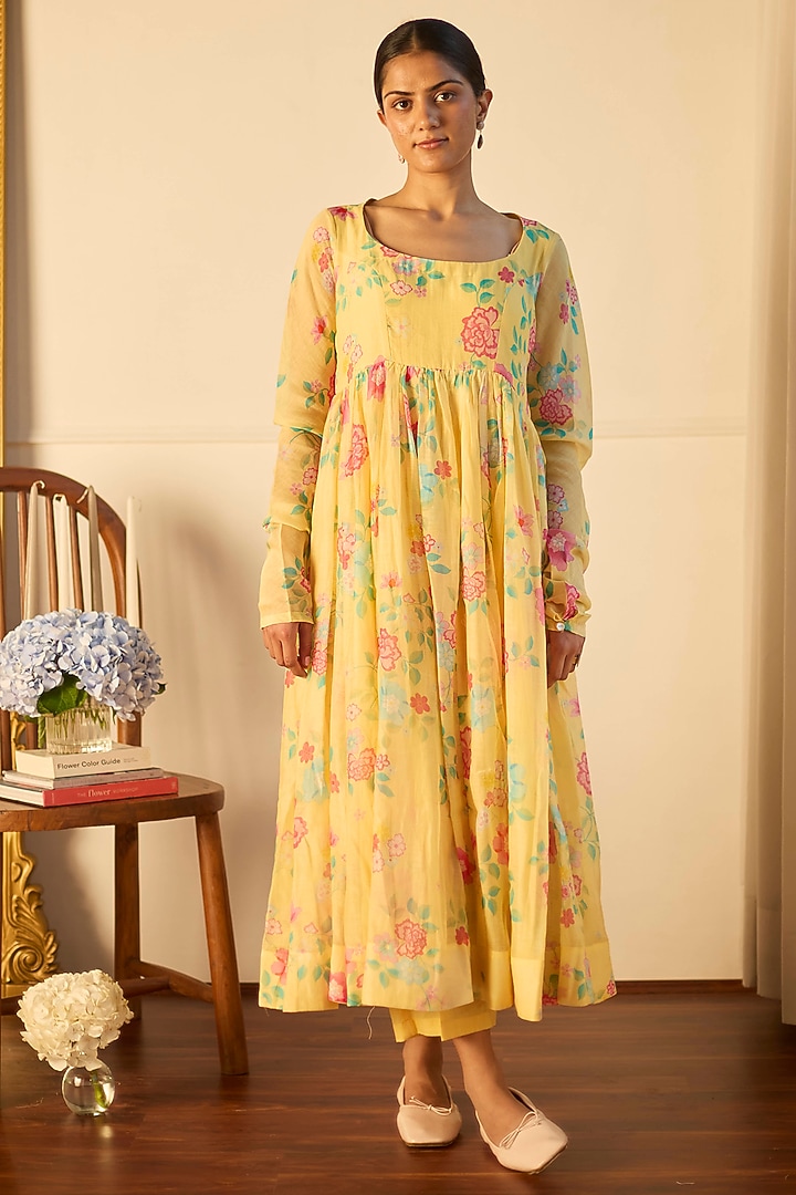 Lemon Yellow Handwoven Chanderi Floral Printed Party Wear Anarkali Set by Juanita by Shubhda at Pernia's Pop Up Shop
