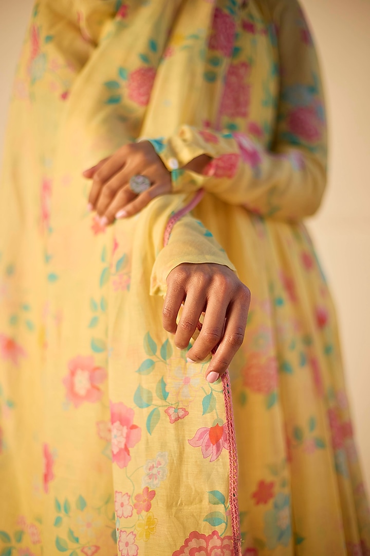 Lemon Yellow Handwoven Chanderi Floral Printed Party Wear Anarkali Set by Juanita by Shubhda at Pernia's Pop Up Shop