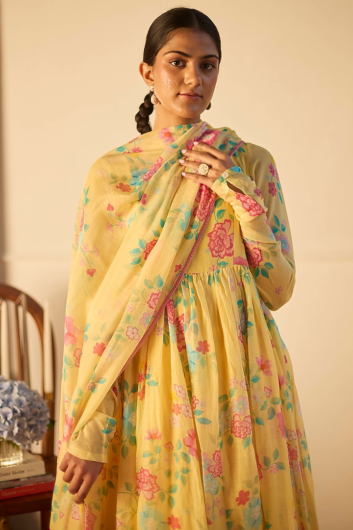 Lemon Yellow Handwoven Chanderi Floral Printed Party Wear Anarkali Set by Juanita by Shubhda at Pernia's Pop Up Shop