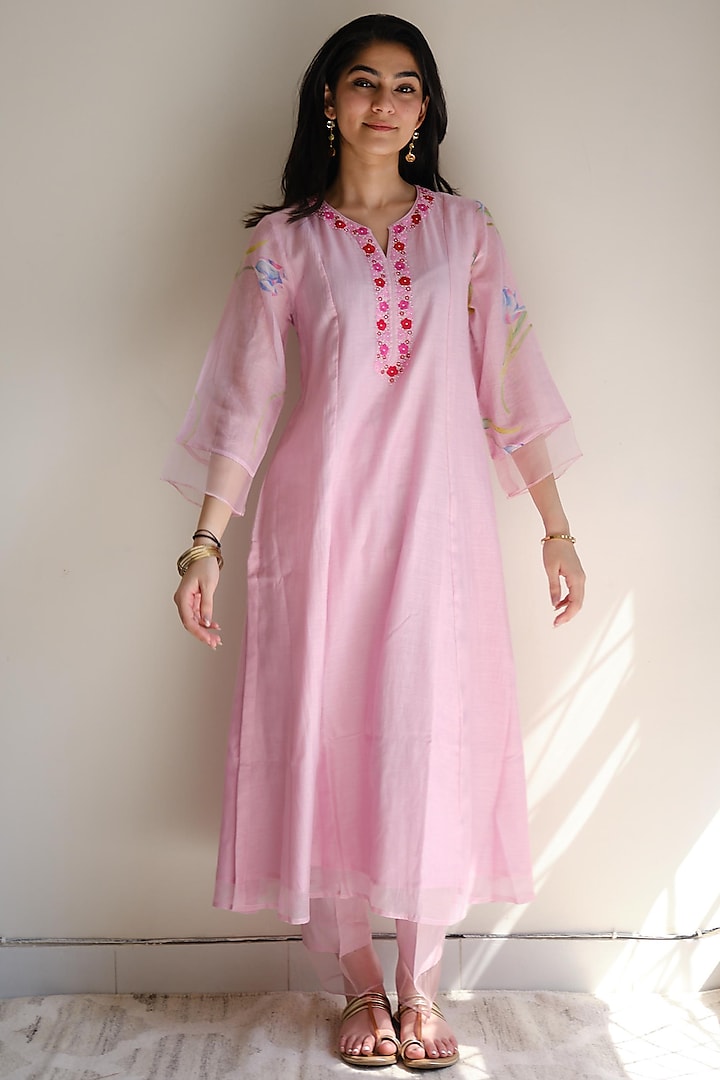 Lilac Handwoven Chanderi Resham Embroidered Tunic Set by Juanita by Shubhda at Pernia's Pop Up Shop