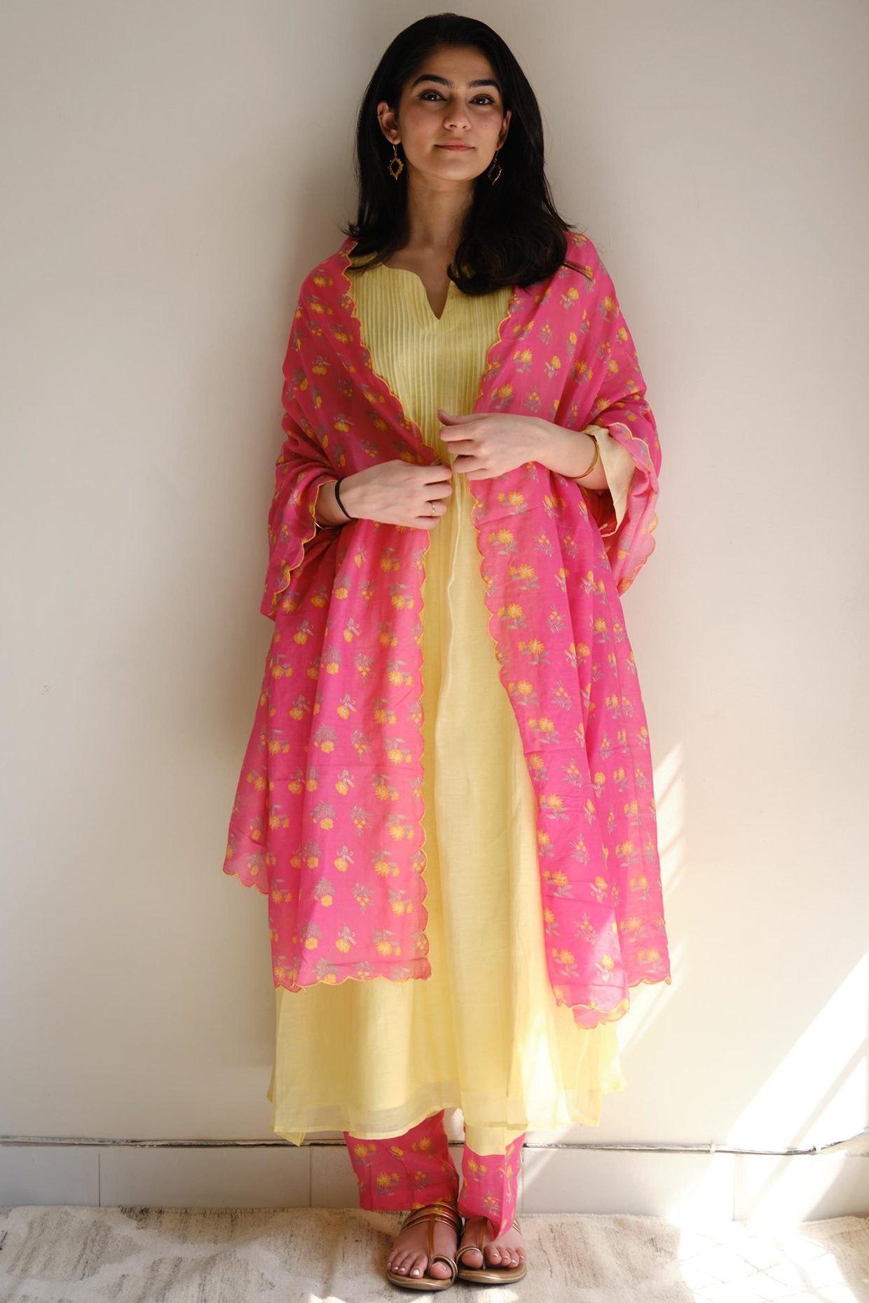 Canary Yellow Handwoven Chanderi Pintuck Kurta Set by Juanita by Shubhda at Pernia's Pop Up Shop