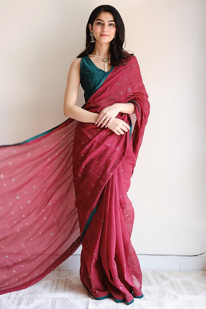 Maroon Handwoven Chanderi Mukaish Work Festive Saree by Juanita by Shubhda at Pernia's Pop Up Shop