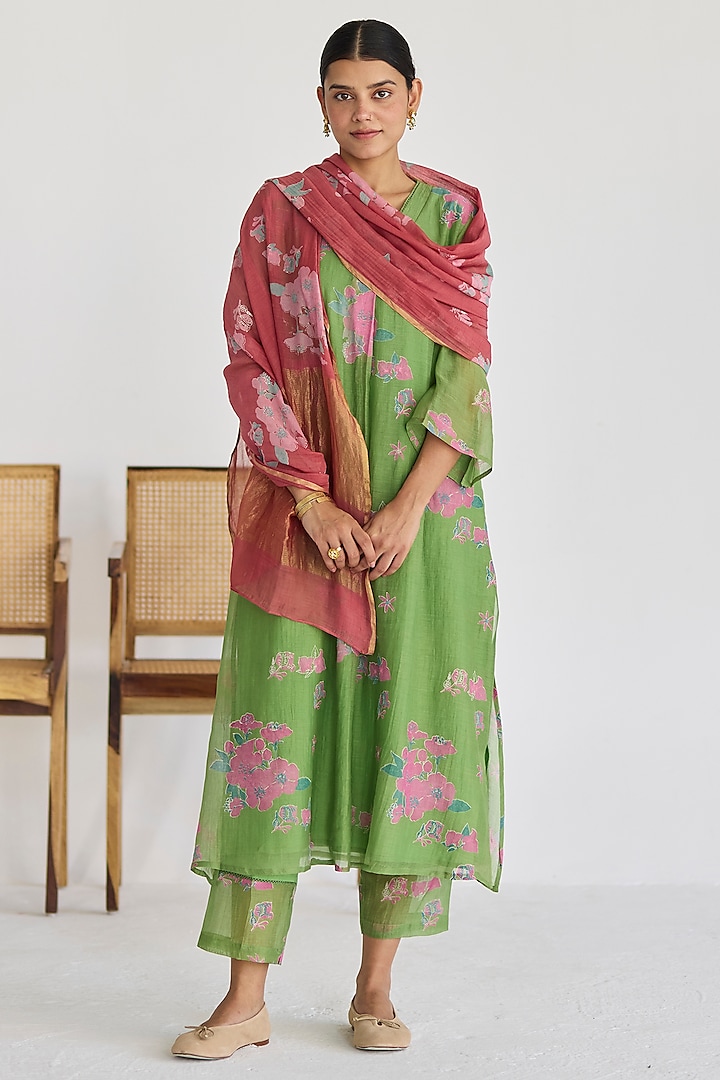 Pista Green Handwoven Chanderi Floral Printed Kurta Set by Juanita by Shubhda at Pernia's Pop Up Shop