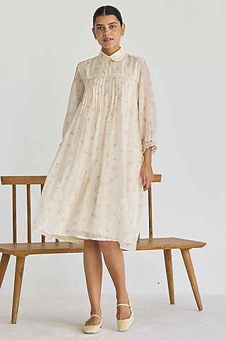 Ivory Handwoven Chanderi Floral Printed Knee-Length Dress by Juanita by Shubhda